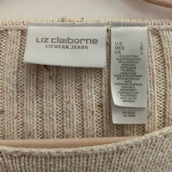 LIZ CLAIBORNE LIZWEAR JEANS Large Cream Moral Ribbed‎ Knit Crew Neck Cotton Wool - Picture 9 of 11